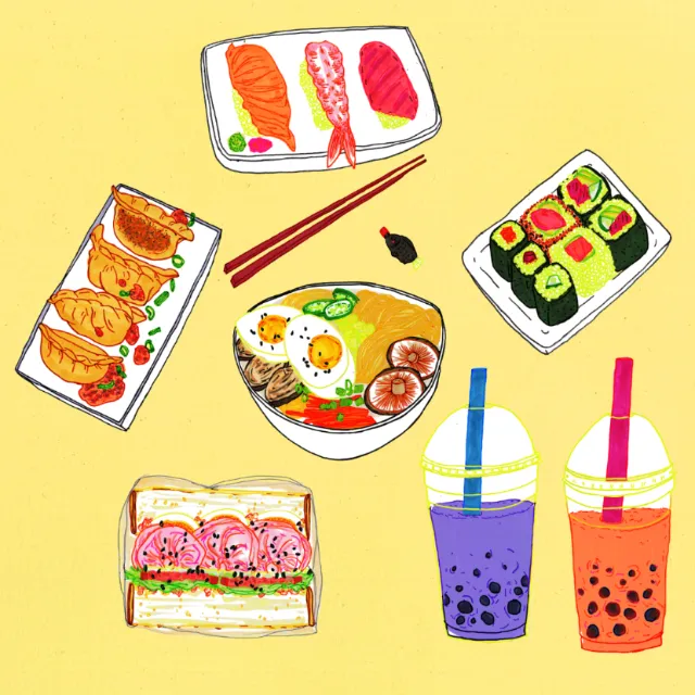 Japanese food icons: sushi, ramen, gyoza, prawn sandwich, and bubble tea drinks