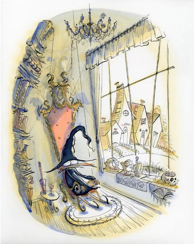Witch sitting on a chair by a window in a cozy room with books