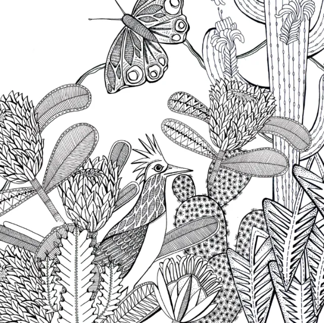 Line drawing of bird and butterfly surrounded by various detailed plants