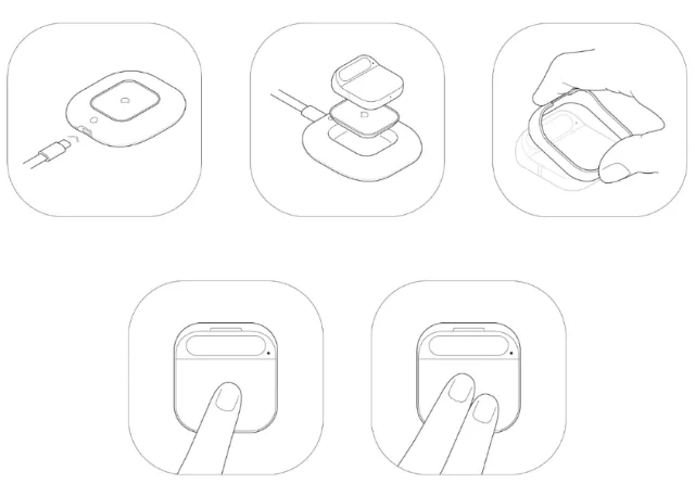 Wireless earbuds charging and pairing instructions illustration.