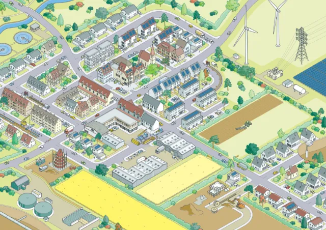 Isometric illustration showing suburban houses, farmland, and wind turbines