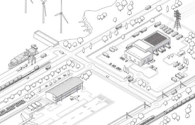 Isometric view of industrial area with trains, wind turbines, and buildings.
