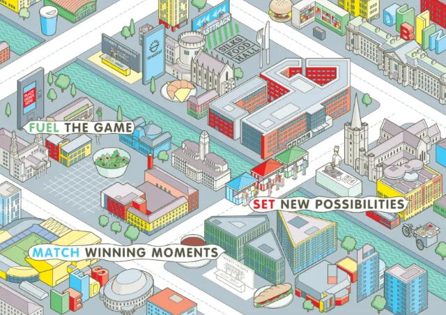 Isometric city map illustration with buildings and motivational text.