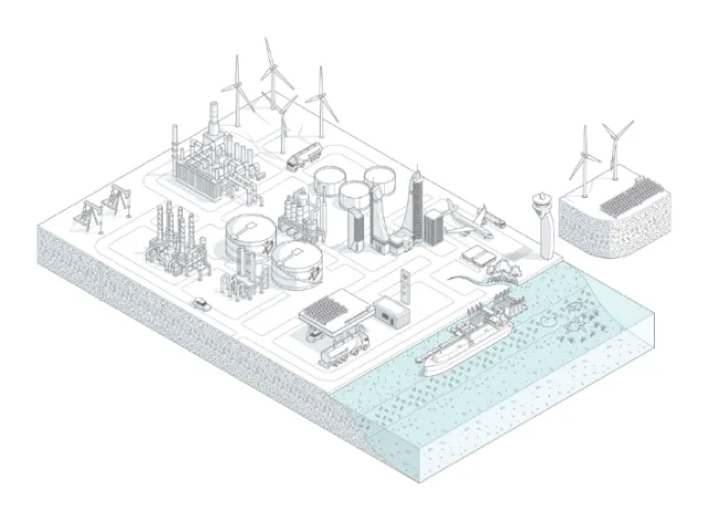 Industrial complex with wind turbines, storage tanks, and a ship by the water