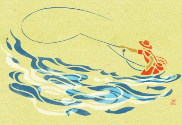 Stencil illustration of a flyfisher casting a line over water