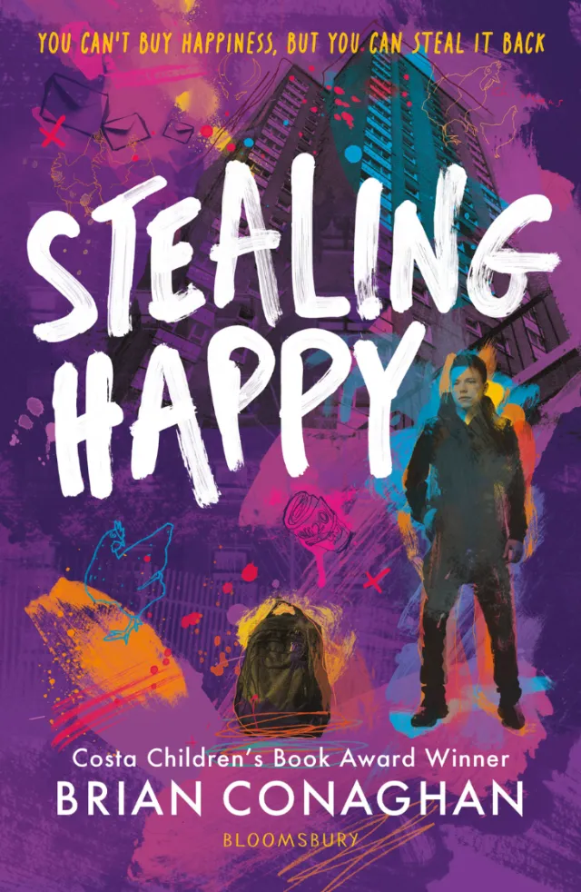 Stealing Happy book cover with hand-lettered title and character illustration