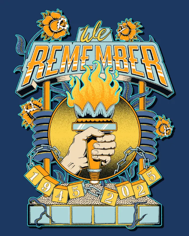 Illustration with torch and text We Remember for Holocaust Remembrance Day