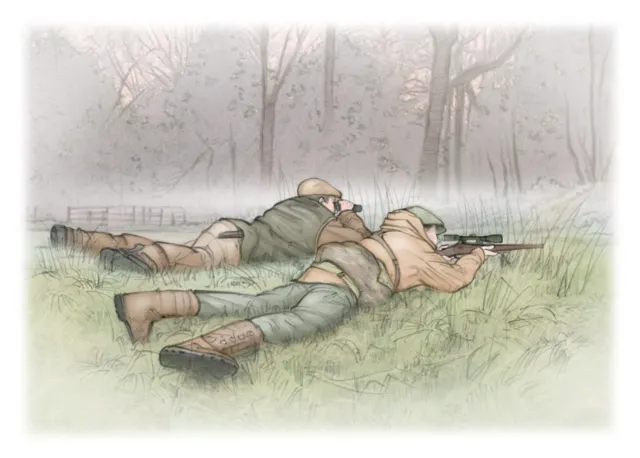 Two hunters lying in grass aiming rifles in foggy forest