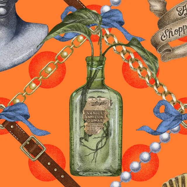 Green vintage perfume bottle with gold chain, pearls, and blue bows