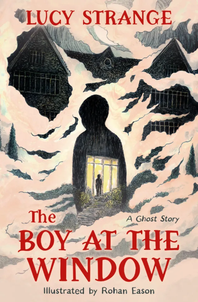 Silhouette of a boy at a window with bats flying around