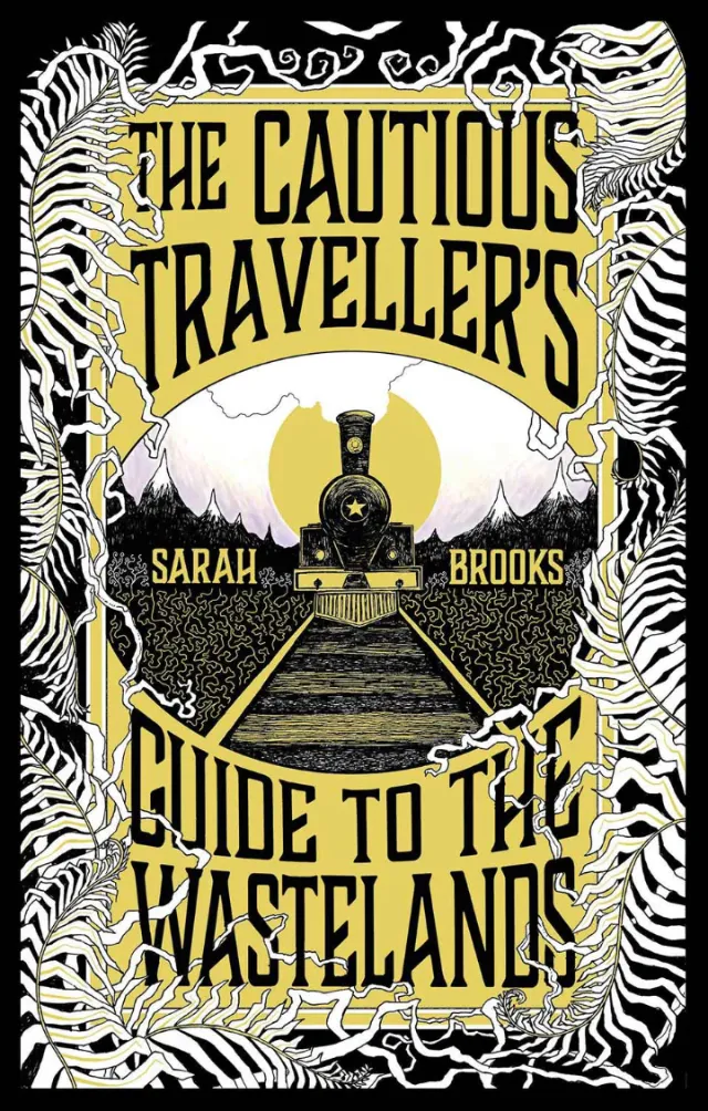 Vintage book cover with train and skeletal decorative border