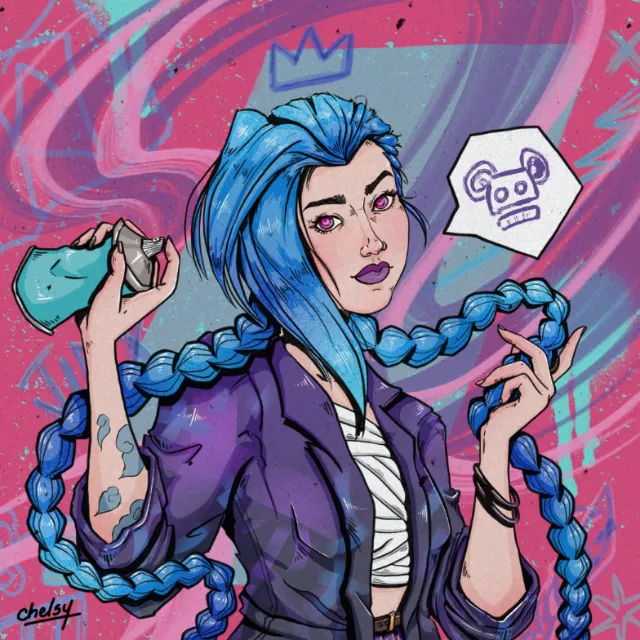 Illustration of Jinx with blue braided hair and purple jacket