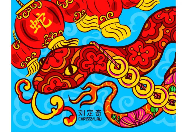 Bright red and gold Chinese snake artwork on blue background