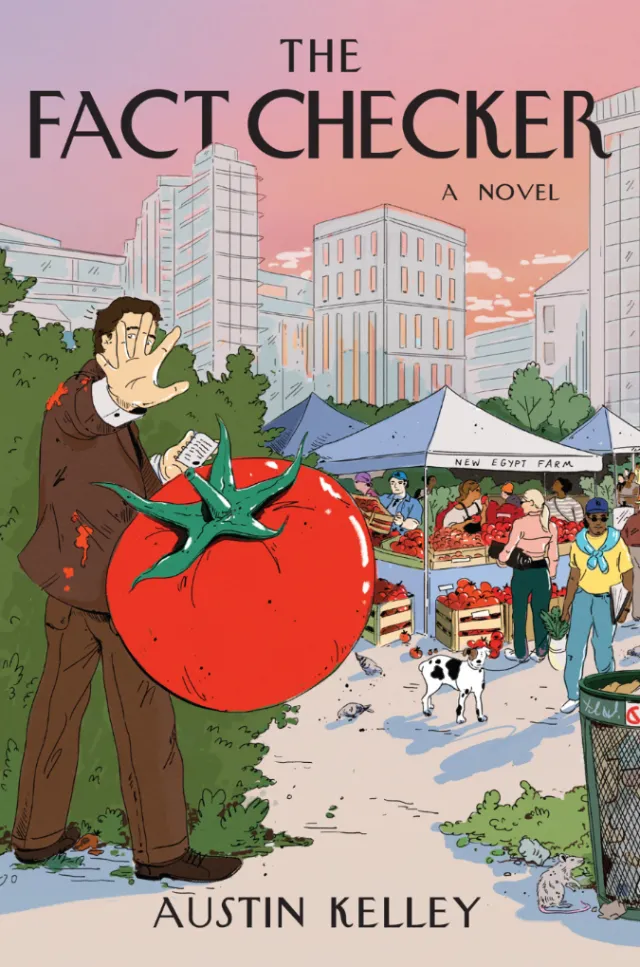 Man hiding giant tomato in city market next to vendors and shoppers