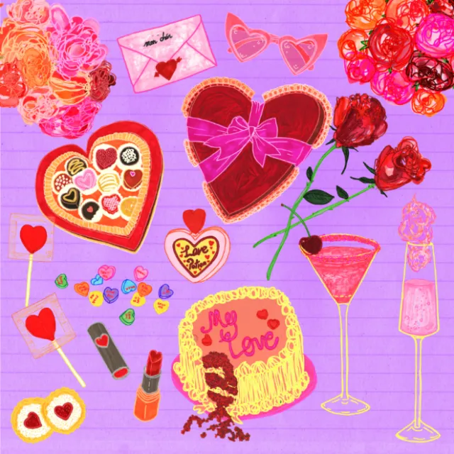 Valentine's Day sweets, hearts, roses, and drinks on pink background