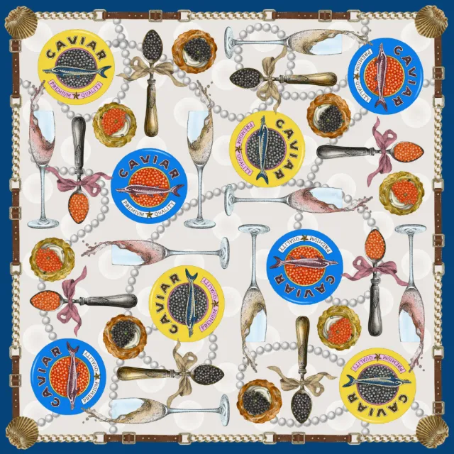 Pattern with caviar tins, seafood, spoons, and pearl necklaces on a white background.