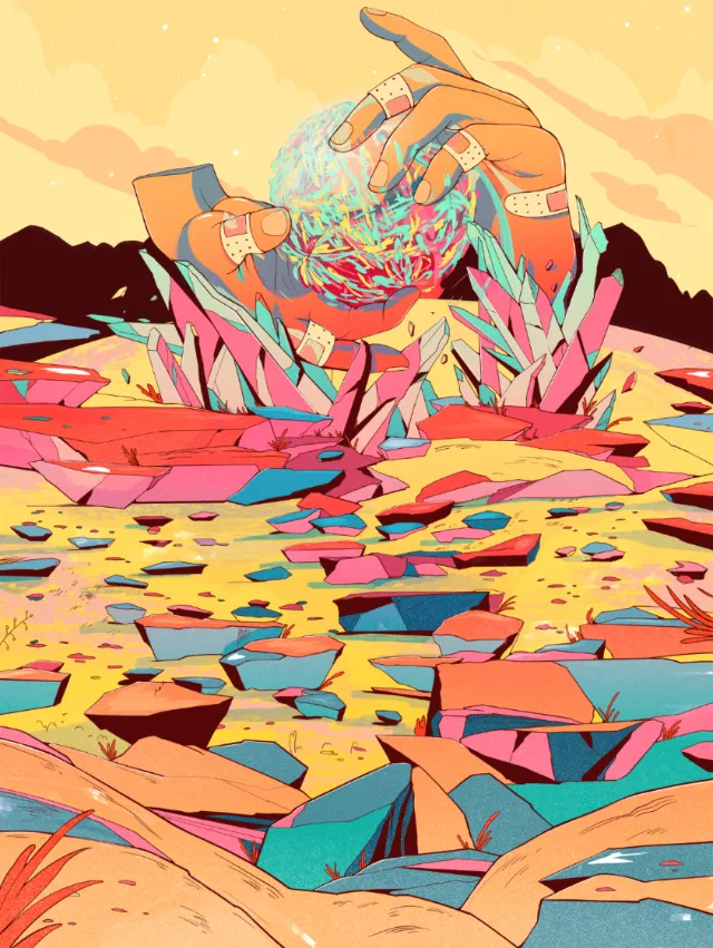 Colorful surreal landscape with giant hand holding orb above rocks