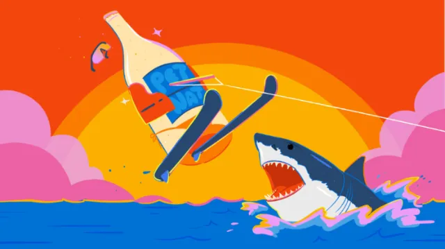 Whiskey bottle skiing above ocean with a shark jumping out of water
