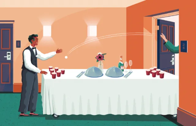 Man playing beer pong in a room with another person opening a door