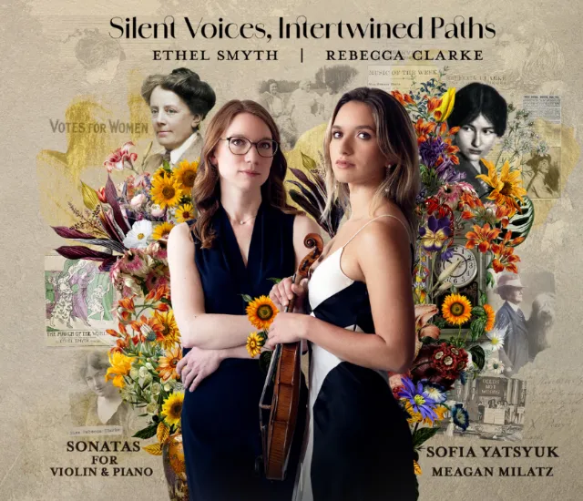 Two women with violin and piano surrounded by flowers and vintage portraits