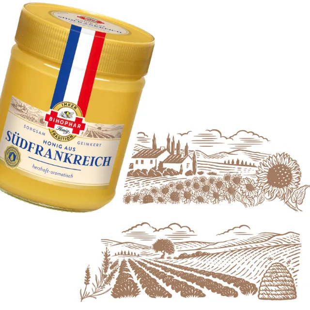Jar of Bihophar Südfrankreich honey with French countryside drawing