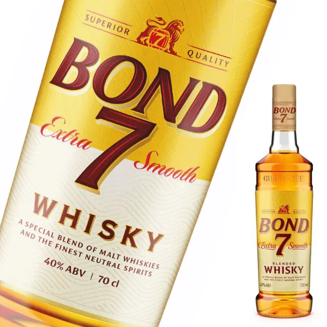 Bond 7 Smooth whisky bottle with golden label and amber whisky
