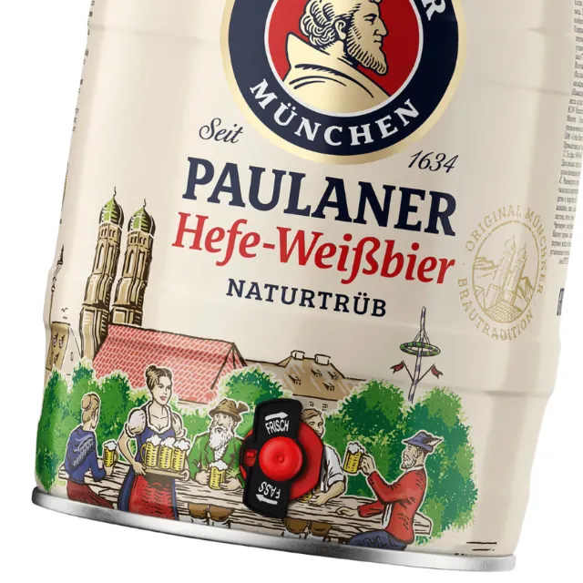 Paulaner Hefe-Weißbier keg featuring Munich landmarks and people
