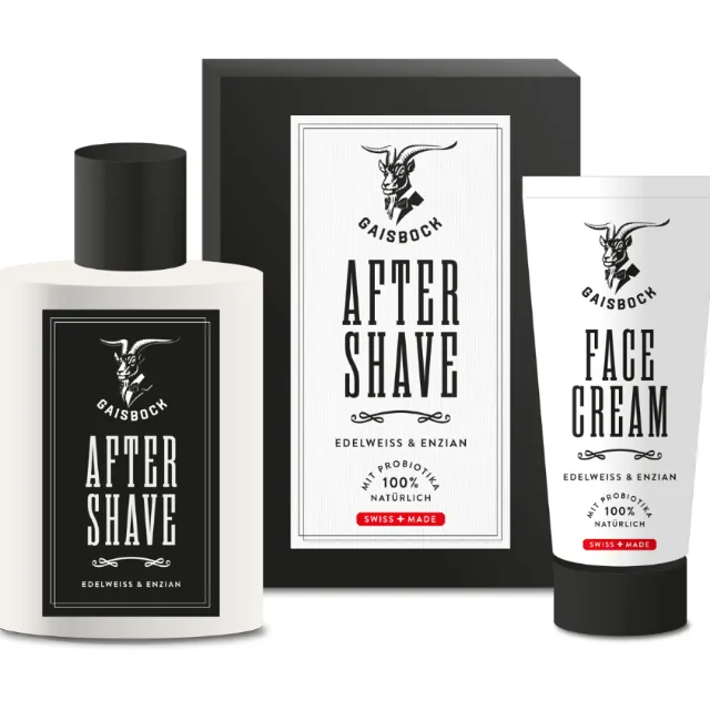 After shave bottle and face cream tube with black and white alpine design