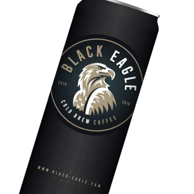 Black Eagle cold brew coffee can with eagle logo on black background