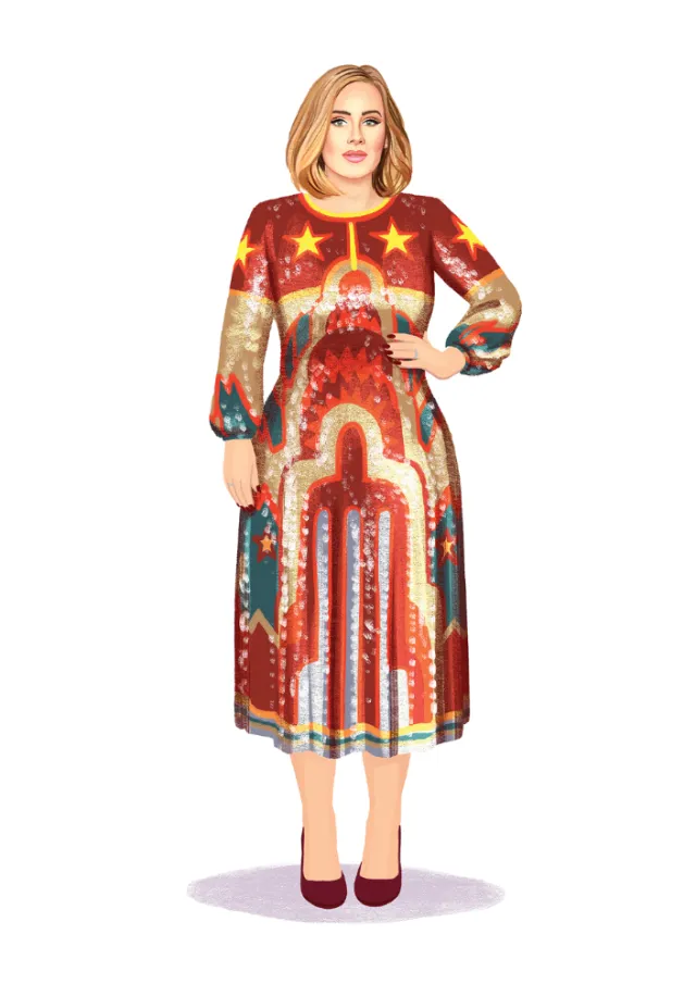 Woman in colorful patterned long-sleeve midi dress and burgundy shoes