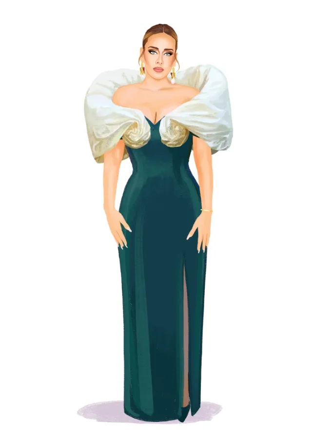 Woman wearing green dress with white puffed sleeves