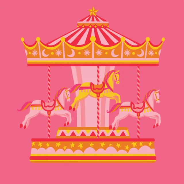 Carousel with three pink and yellow horses on a pink background