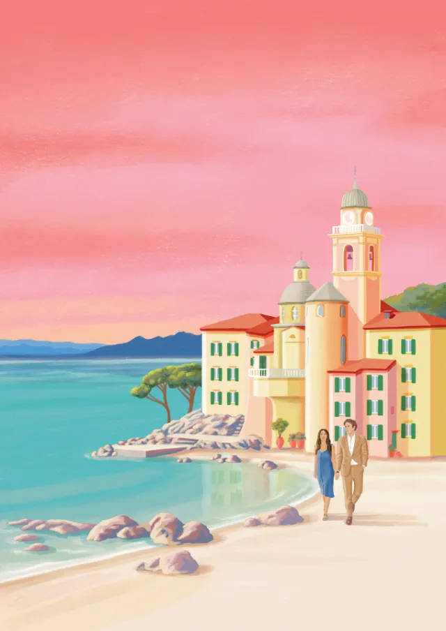 Couple walking by colorful coastal buildings with pink sunset sky