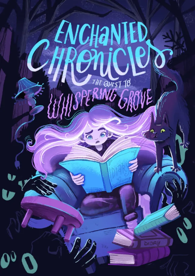 Girl reading a glowing book with forest creatures and dark hands, by Carol Rempto