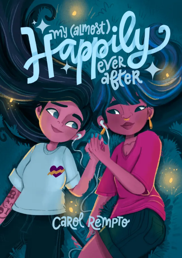 Two characters holding hands under a starry night sky with title text