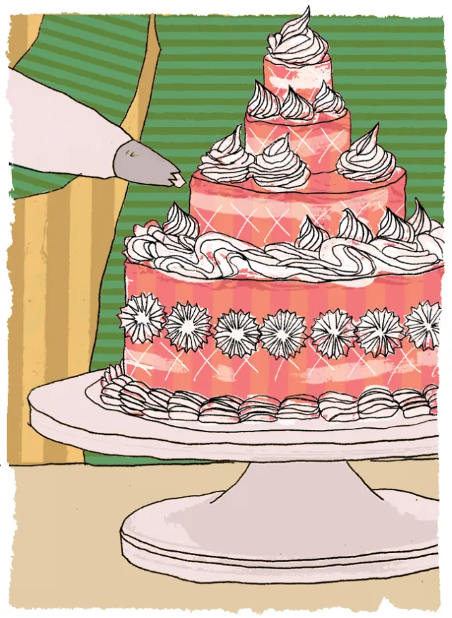 Three-tiered pink cake with floral decorations and white icing swirls