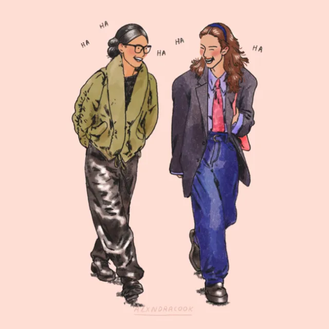 Two people laughing and walking wearing casual and formal clothes