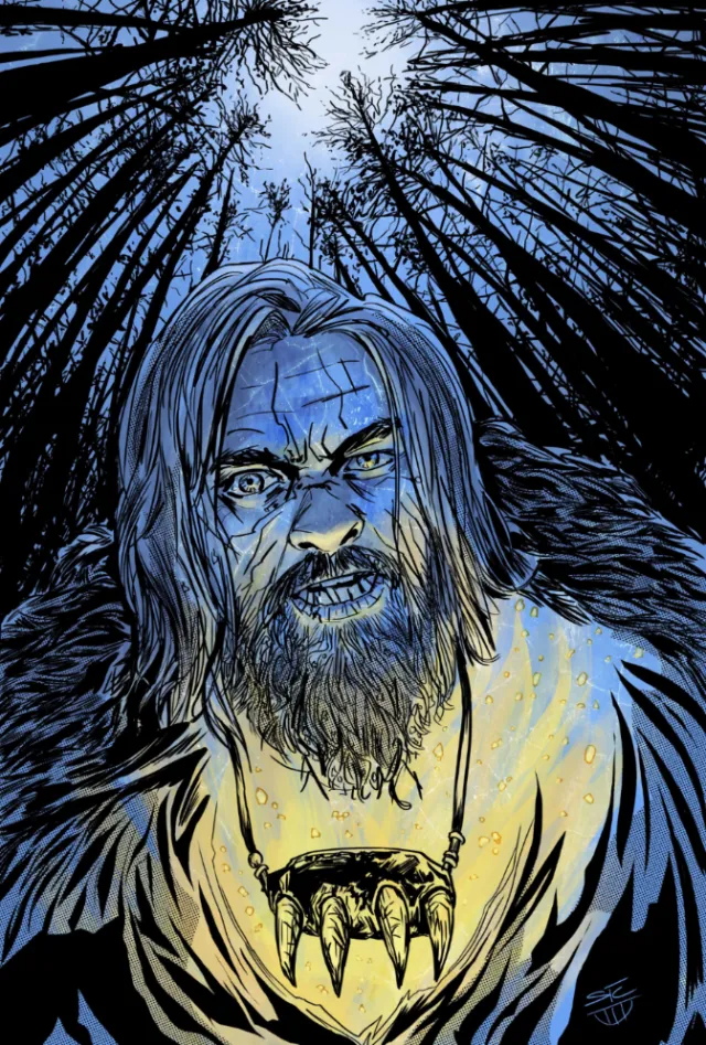 Bearded man with intense gaze in dark forest under moonlight