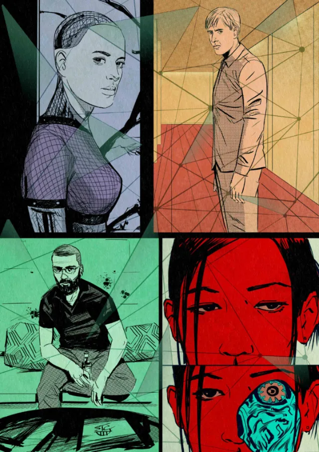 Illustration of four characters from Ex Machina in stylized panels