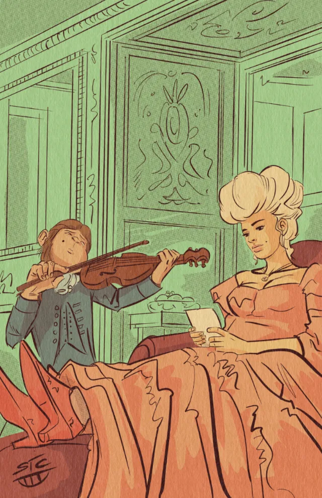 Person playing violin for a seated listener in elegant room