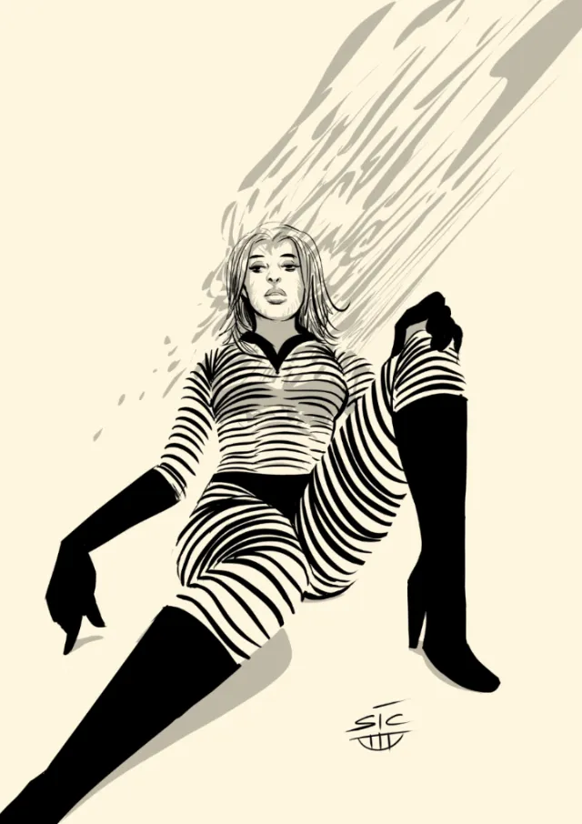 Woman in striped outfit and boots leaning back dynamically