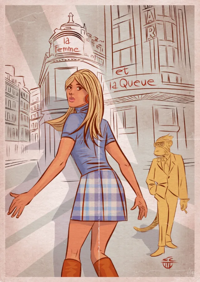 Young woman in plaid skirt looking back in city street scene
