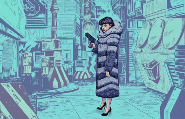 Woman in striped coat holding a gun in a futuristic city alley