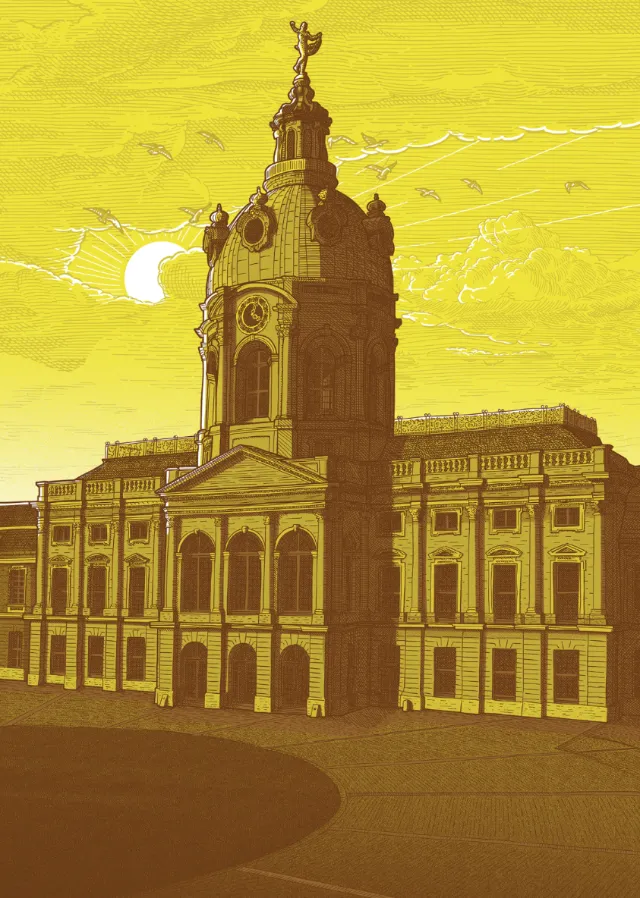 Illustration of Charlottenburg Castle tower under yellow sky