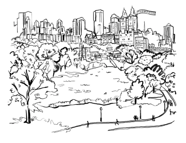 Black and white sketch of Central Park with city skyline