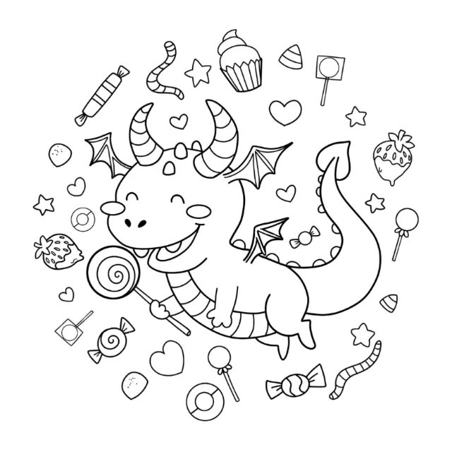 Smiling cartoon dragon with candy and sweets black and white line art