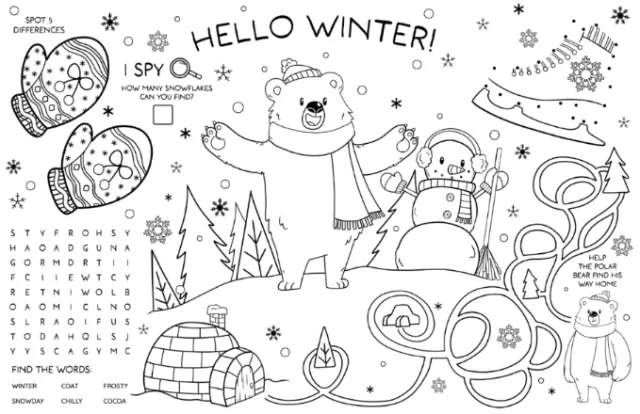 Winter coloring page with bear, igloo, snowman, and word search puzzle