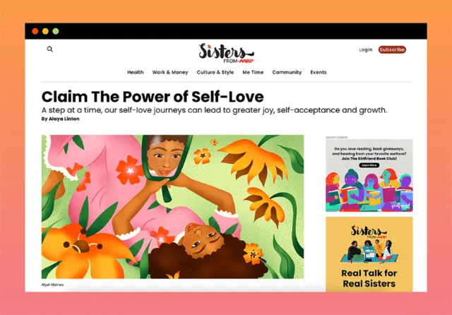 Black woman laying in grass admiring herself in mirror with flowers