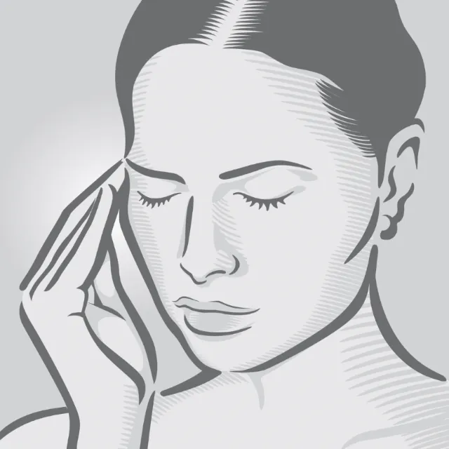 Black and white drawing of a woman touching her temple with her eyes closed