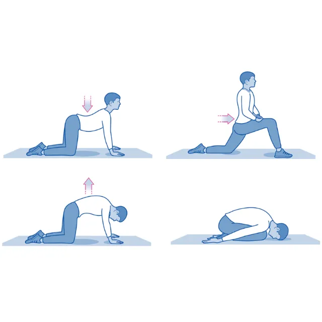 Person demonstrating four yoga stretches on knees and floor